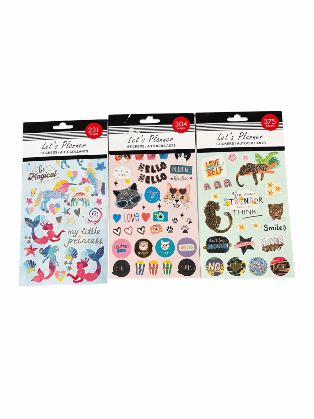 Let's Planner Sticker Pack Trio - Multicolor Mermaid, Cat & Motivational Designs